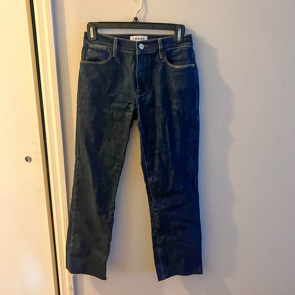 Frame Le High Straight, altered in length, dark wash, high rise, size 24